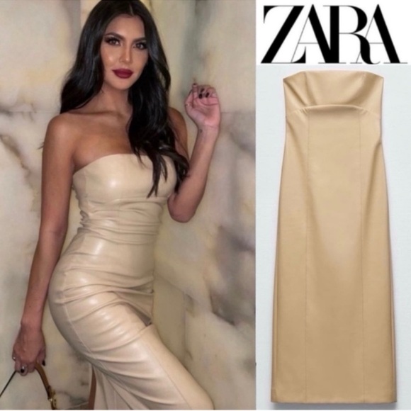 ZARA Faux Leather Strapless Midi Dress Blogger Favorite - Picture 1 of 17